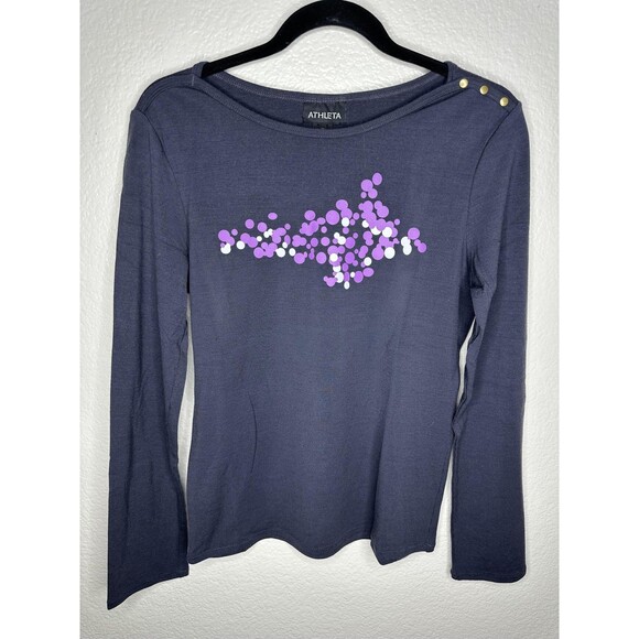 Athleta Shirt Womens Medium Gray Merino Wool Blend Long Sleeve Graphic Boat Neck - Picture 1 of 5